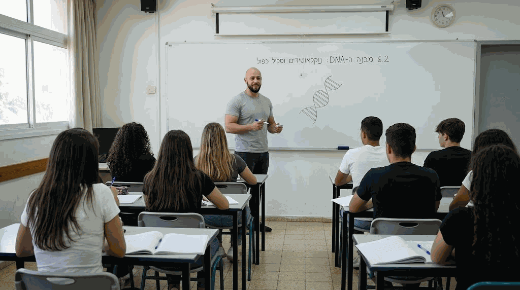נתנאל מלמד את מבנה ה-DNA על הלוח בכיתה